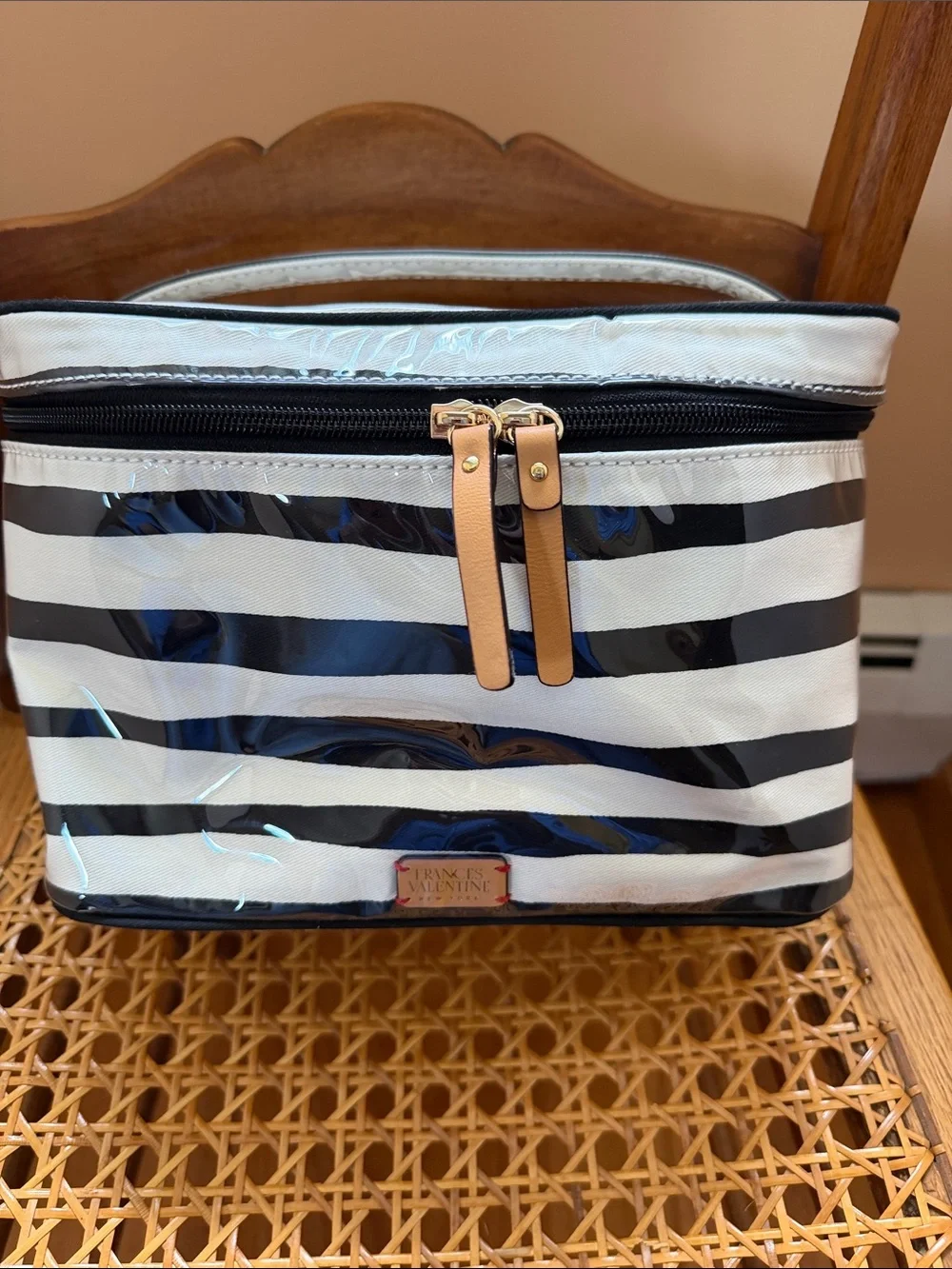 Frances Valentine Black and White Striped Cosmetic Case with Tan Pulls